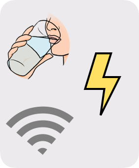 Illustrations evoking drinking water, electricity and wi-fi connections